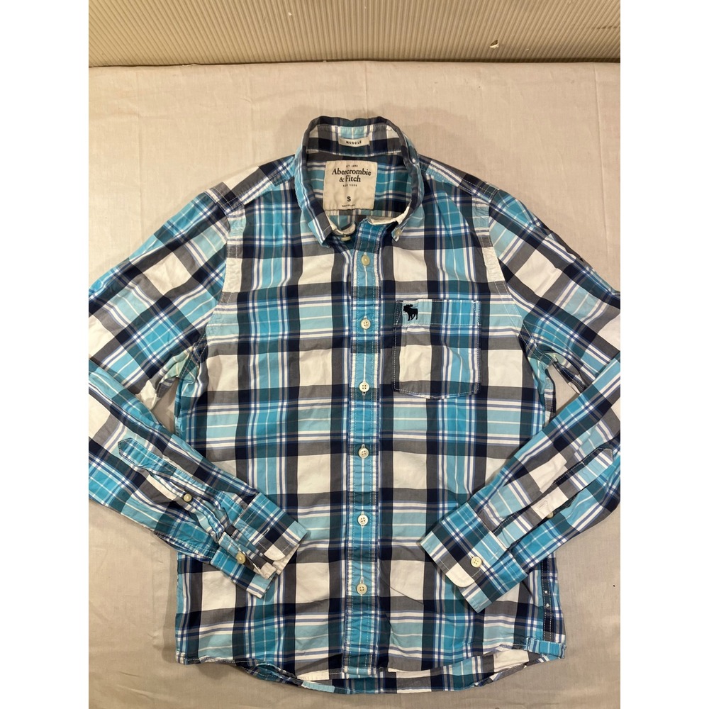 Abercrombie & Fitch Mens Small Muscle Fit Plaid Button Up Shirt Blue White S